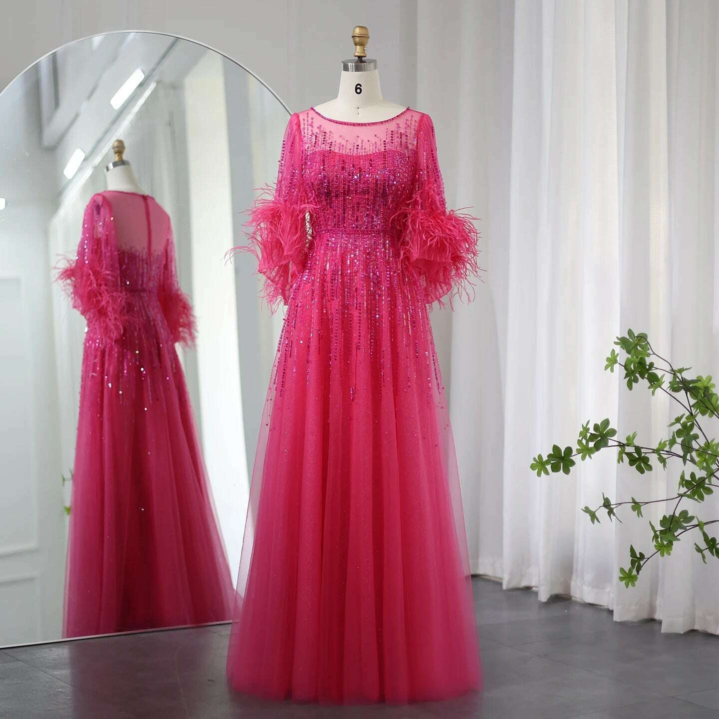 KIMLUD, Sharon Said Luxury Dubai Feathers Black Evening Dresses for Women Elegant Fuchsia Arabic Half Sleeve Wedding Party Gowns SS339, Fuchsia / 2 / CHINA, KIMLUD APPAREL - Womens Clothes