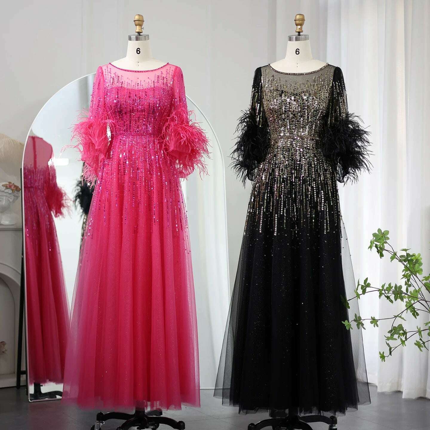 KIMLUD, Sharon Said Luxury Dubai Feathers Black Evening Dresses for Women Elegant Fuchsia Arabic Half Sleeve Wedding Party Gowns SS339, KIMLUD Womens Clothes