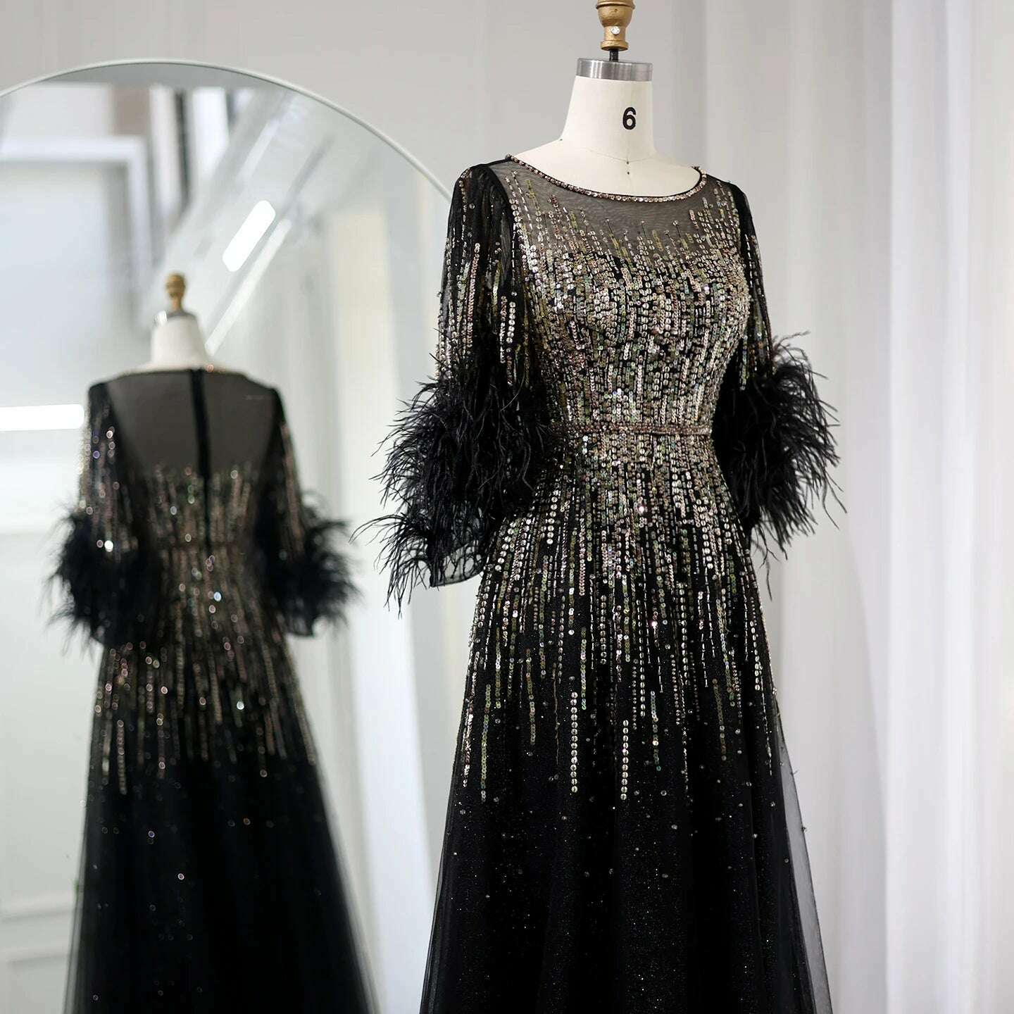 KIMLUD, Sharon Said Luxury Dubai Feathers Black Evening Dresses for Women Elegant Fuchsia Arabic Half Sleeve Wedding Party Gowns SS339, KIMLUD Womens Clothes