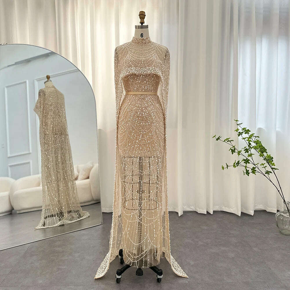 KIMLUD, Sharon Said Luxury Pearls Dubai Champagne Evening Dresses with Cape 2023 New Arabic Women Mermaid Wedding Party Prom Dress SS369, Top Lined / 2 / CHINA, KIMLUD Womens Clothes