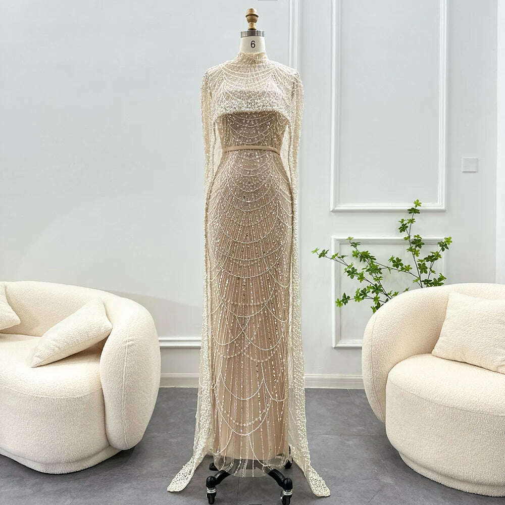 KIMLUD, Sharon Said Luxury Pearls Dubai Champagne Evening Dresses with Cape 2023 New Arabic Women Mermaid Wedding Party Prom Dress SS369, Full Covered / 2 / CHINA, KIMLUD Womens Clothes