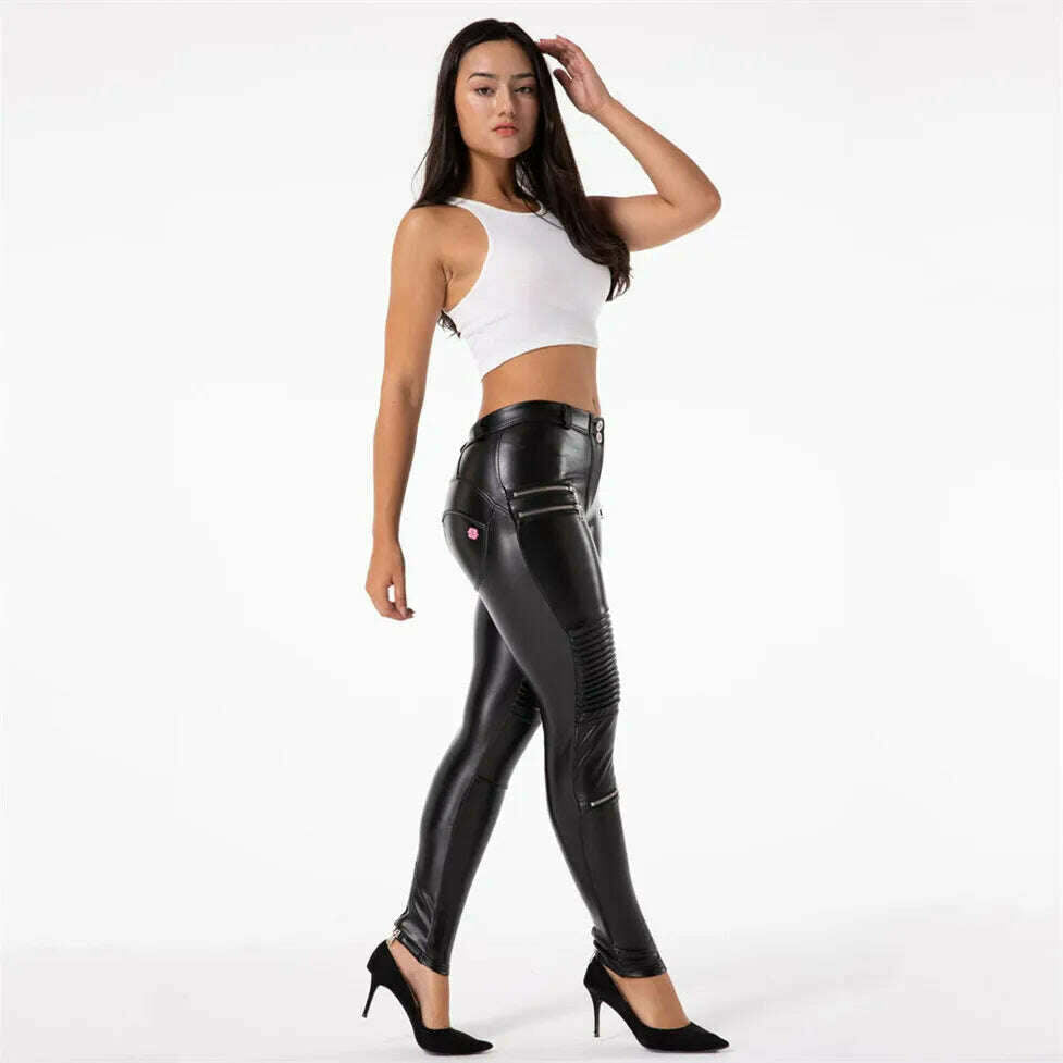 KIMLUD, Shascullfites Melody Black Skinny Leather Pants Womens Skin Tight with Zippers Pleated Push Up PU Pants Fall Winter, KIMLUD Womens Clothes