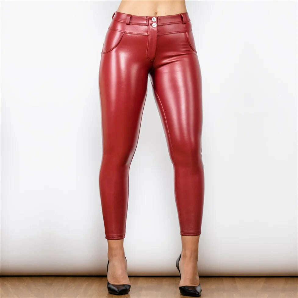 KIMLUD, Shascullfites Warm Biker Faux Leather Pants with Zipper Decoration Black / Burgundy Red Low Waist Pu leather for Women Motorbike, KIMLUD Womens ClothesKIMLUD, Shascullfites Warm Biker Faux Leather Pants with Zipper Decoration Black / Burgundy Red Low Waist Pu leather for Women Motorbike, 21021MWMRL / XS, KIMLUD APPAREL - Womens Clothes