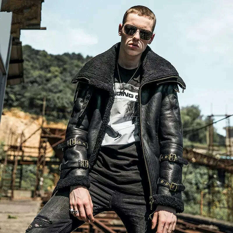 KIMLUD, Shearling Genuine Leather Coat Male B3 Bomber Jacket Aviator Outerwear Trench Flight Men Double Layer Thick Winter Short Jacket, black / S, KIMLUD APPAREL - Womens Clothes