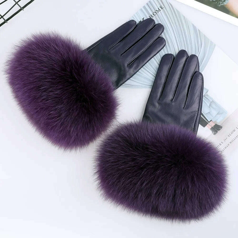 KIMLUD, Sheepskin Natural Fox Fur Trimming Gloves Women's Genuine Leather Wrist Warmer Glove Winter Warm Fashion  Mittens Fleece Lining, KIMLUD Womens Clothes