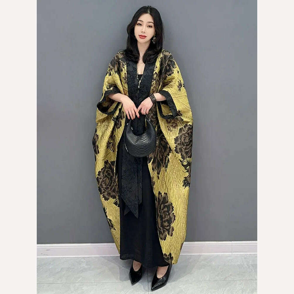 KIMLUD, SHENGPALAE Chinese Style Flower Print Dark Casual Loose Bat Sleeve Elegant Chic Cardigan Coat 2024 Spring New Clothing 5R2236, One Size / Yellow Pre-sale, KIMLUD Women's Clothes