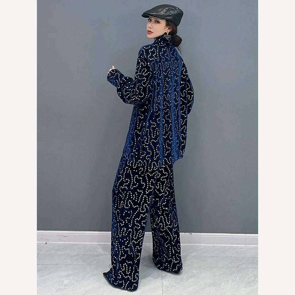 KIMLUD, SHENGPALAE Fashion Women Two Pieces Sets Sequins Spliced Lapel Temperament Tops Versatile Wide Leg Pants Autumn 2024 New 5R7047, KIMLUD Womens Clothes