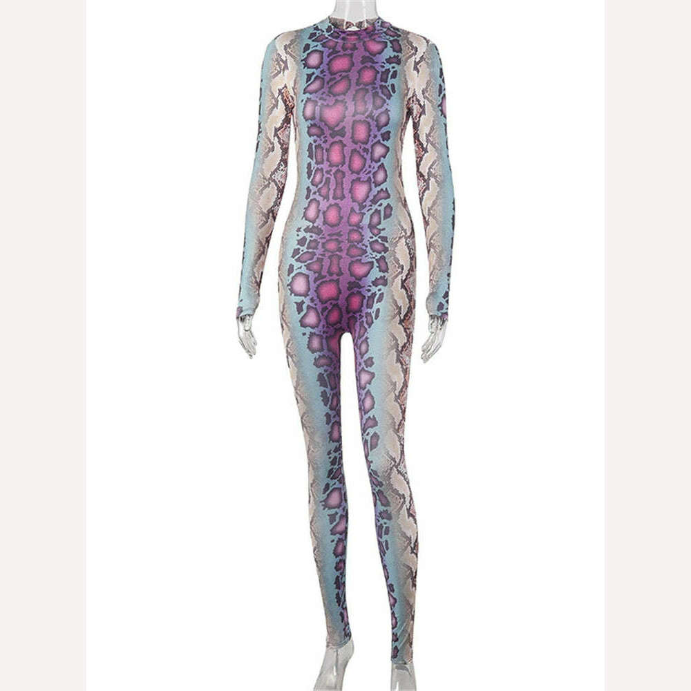 KIMLUD, Shestyle Jumpsuits Sexy Snake Print Women 2020 Autumn Bodycon Fitted Outfits Button Stretchy Coloful Rompers Long Sleeve, KIMLUD Womens Clothes