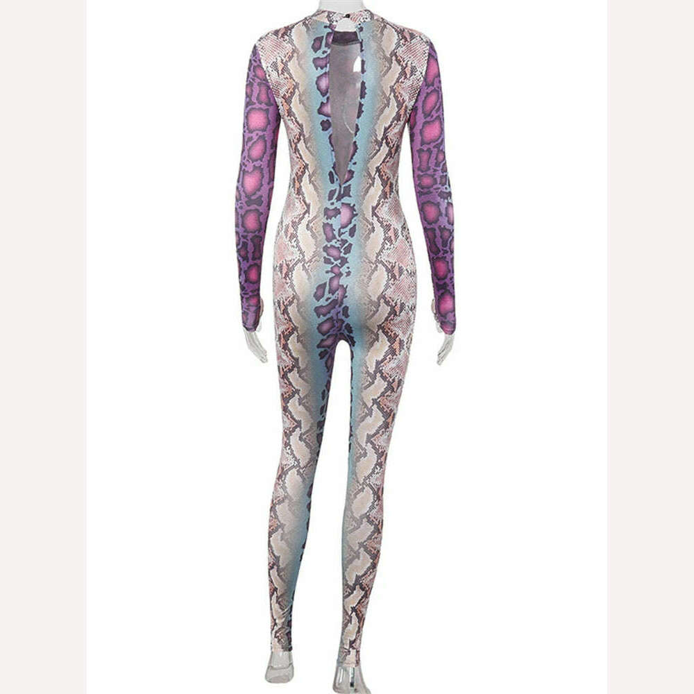 KIMLUD, Shestyle Jumpsuits Sexy Snake Print Women 2020 Autumn Bodycon Fitted Outfits Button Stretchy Coloful Rompers Long Sleeve, KIMLUD Womens Clothes