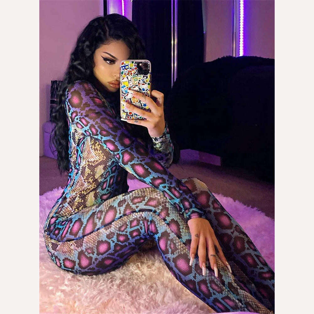 KIMLUD, Shestyle Jumpsuits Sexy Snake Print Women 2020 Autumn Bodycon Fitted Outfits Button Stretchy Coloful Rompers Long Sleeve, KIMLUD Womens Clothes