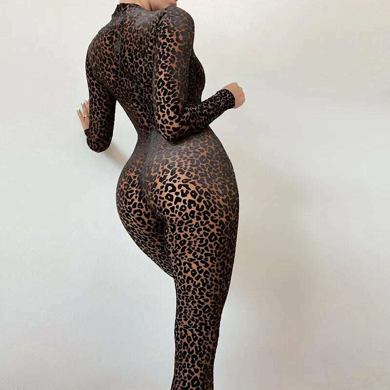 KIMLUD, Shestyle Leopard Transparent Jumpsuits Women Skinny Back Zip Mock Neck Black Sexy 2021 Hot Animal Print Slim Clubwear Fitness, KIMLUD Womens Clothes