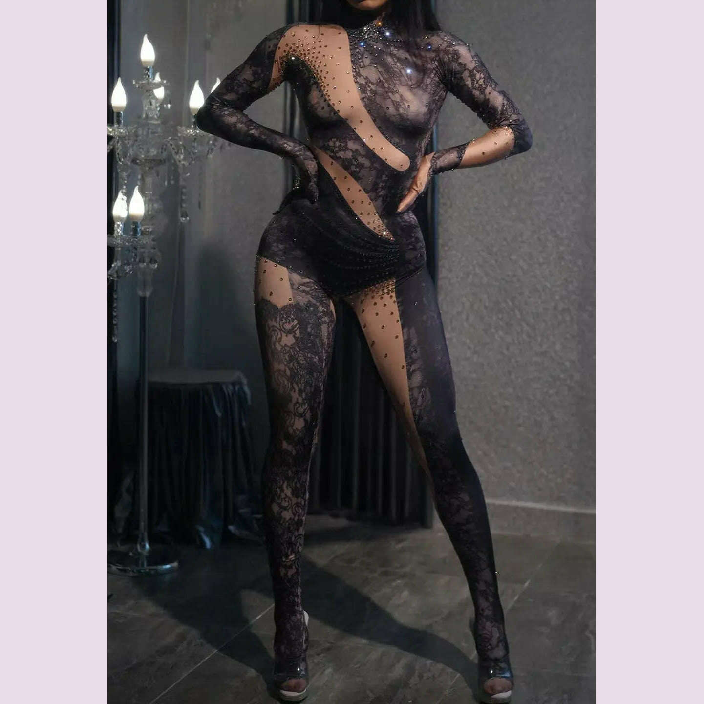 KIMLUD, Shining Rhinestone Jumpsuit for Women Gloves Dancer Nightclub Performance Costume Female Stage Wear Party Outfit bodycon leotard, KIMLUD Womens Clothes