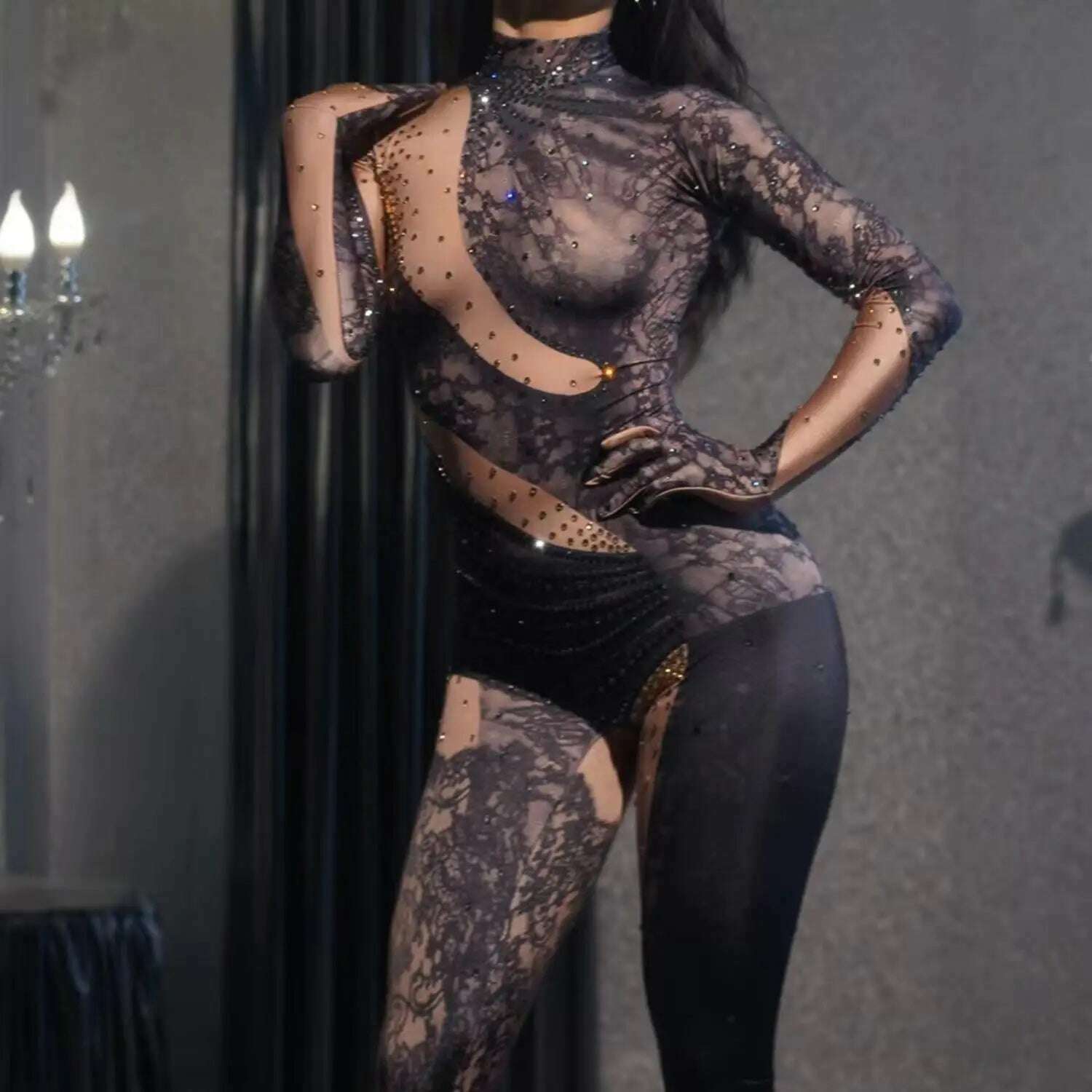 KIMLUD, Shining Rhinestone Jumpsuit for Women Gloves Dancer Nightclub Performance Costume Female Stage Wear Party Outfit bodycon leotard, KIMLUD Womens Clothes