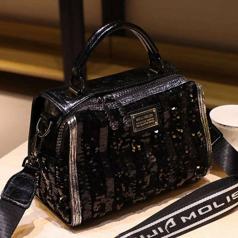 KIMLUD, Shining Sequins Women Handbag Ita Bag Real Leather Shoulder Bags Bolsas De Mujer Top Handle Tote Sac A Main, KIMLUD Womens Clothes