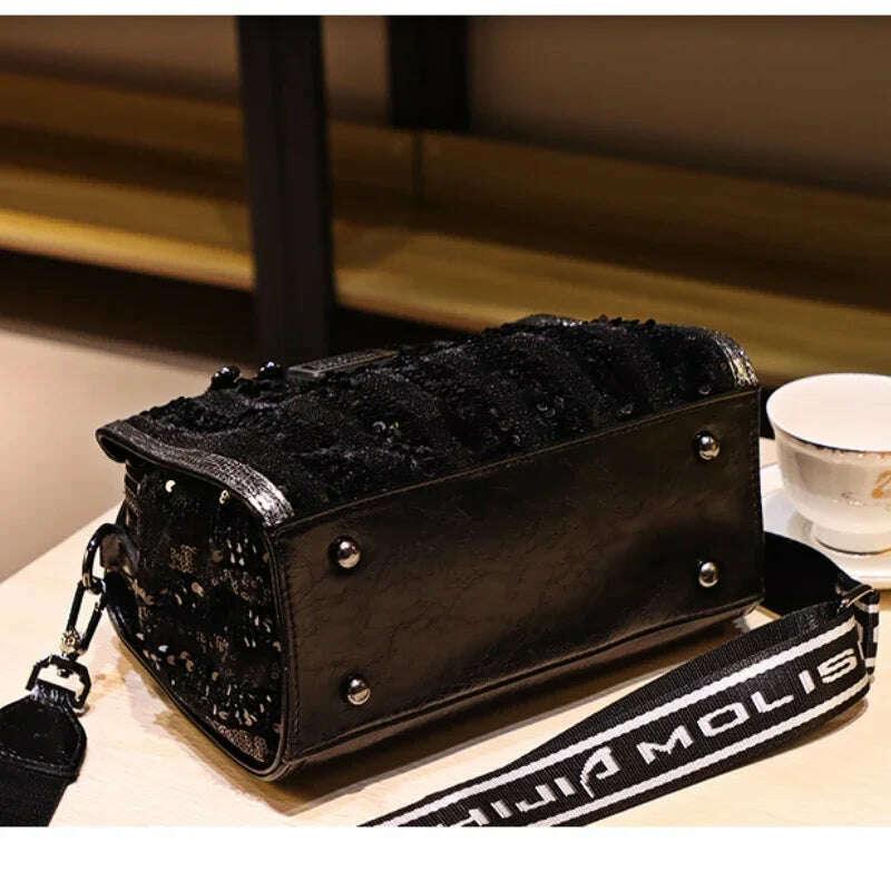 KIMLUD, Shining Sequins Women Handbag Ita Bag Real Leather Shoulder Bags Bolsas De Mujer Top Handle Tote Sac A Main, KIMLUD Womens Clothes