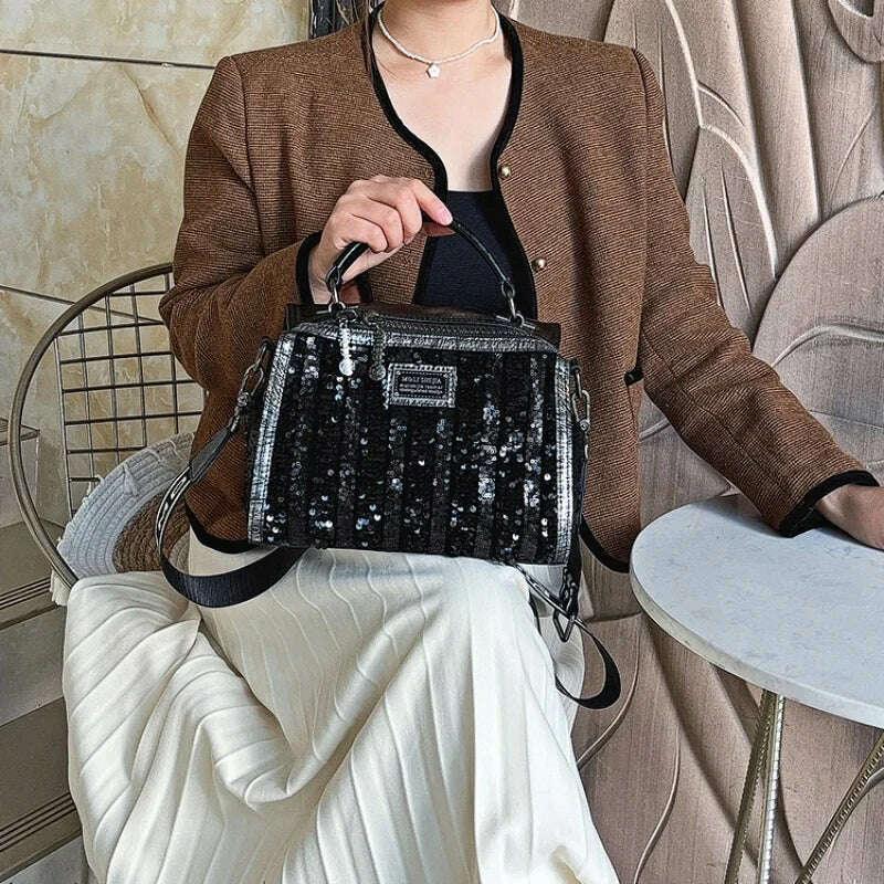 KIMLUD, Shining Sequins Women Handbag Ita Bag Real Leather Shoulder Bags Bolsas De Mujer Top Handle Tote Sac A Main, KIMLUD Womens Clothes