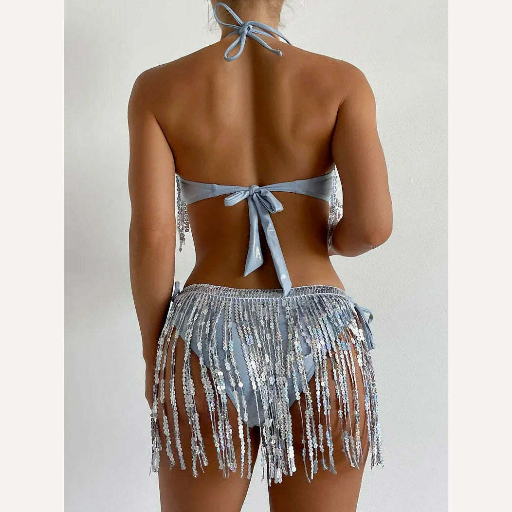 Shiny Glitter Bikini Set Women Sexy Bandeau Push Up Sequin Tassel Swimsuit 2024 Ladies Beach Bathing Suit High Waist Swimwear - KIMLUD