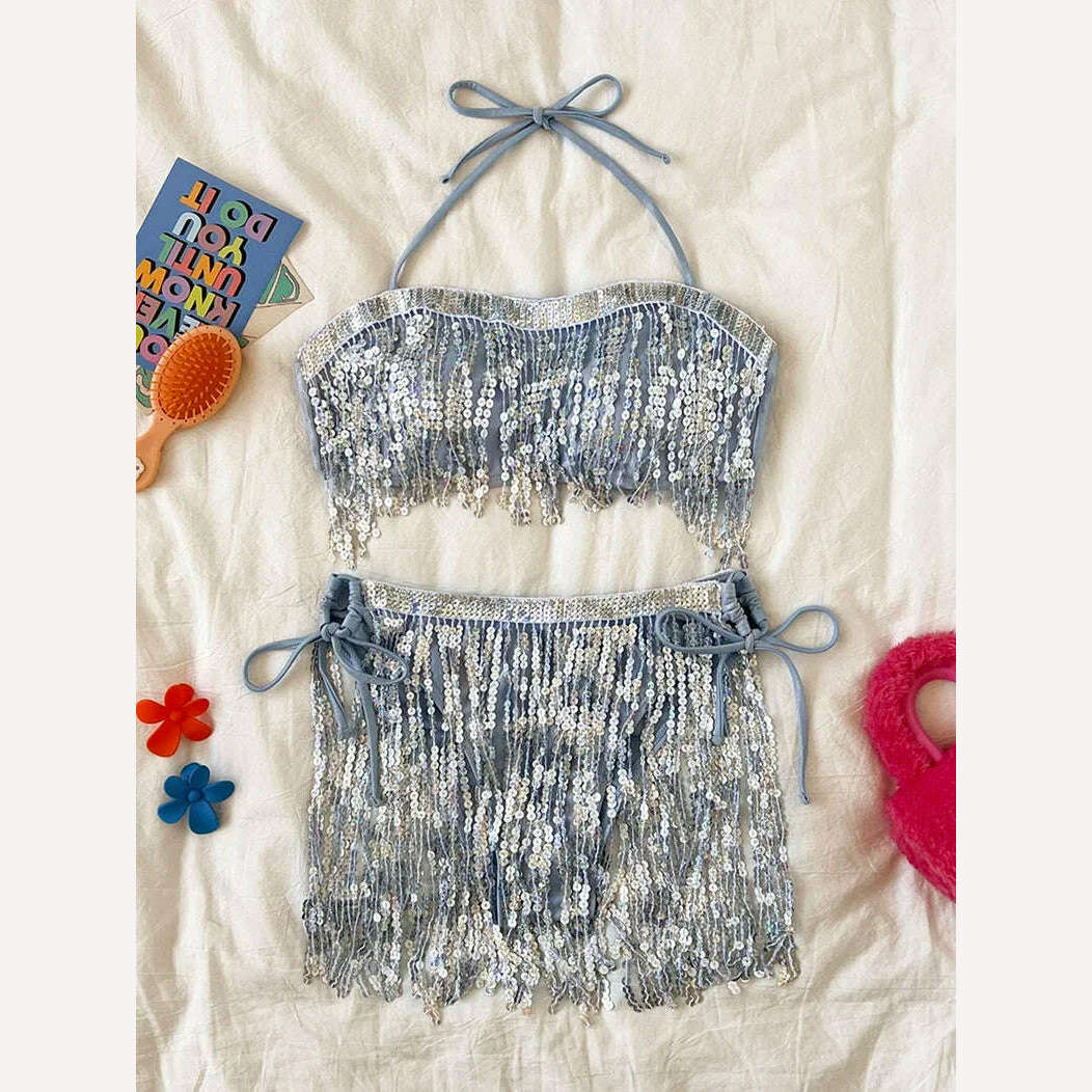 Shiny Glitter Bikini Set Women Sexy Bandeau Push Up Sequin Tassel Swimsuit 2024 Ladies Beach Bathing Suit High Waist Swimwear - KIMLUD