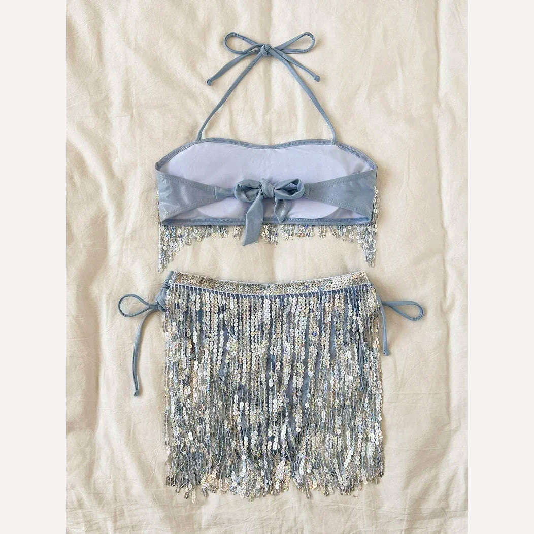 Shiny Glitter Bikini Set Women Sexy Bandeau Push Up Sequin Tassel Swimsuit 2024 Ladies Beach Bathing Suit High Waist Swimwear - KIMLUD
