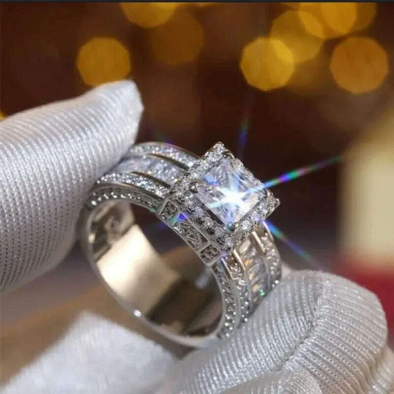 KIMLUD, Shiny Halo Ring Inlaid Square Cut Shiny Zircon Elegant Wedding Engagement Promise Ring For Women & Girls Valentine's Day Jewelry, KIMLUD Womens Clothes