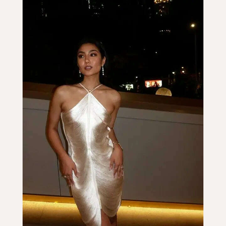 KIMLUD, Shiny Metallic Halter Slim Mini Dress For Women Female Sleeveless Backless Bodycon Vestidos Ladies Party Club Evening Robes, White / S, KIMLUD APPAREL - Womens Clothes