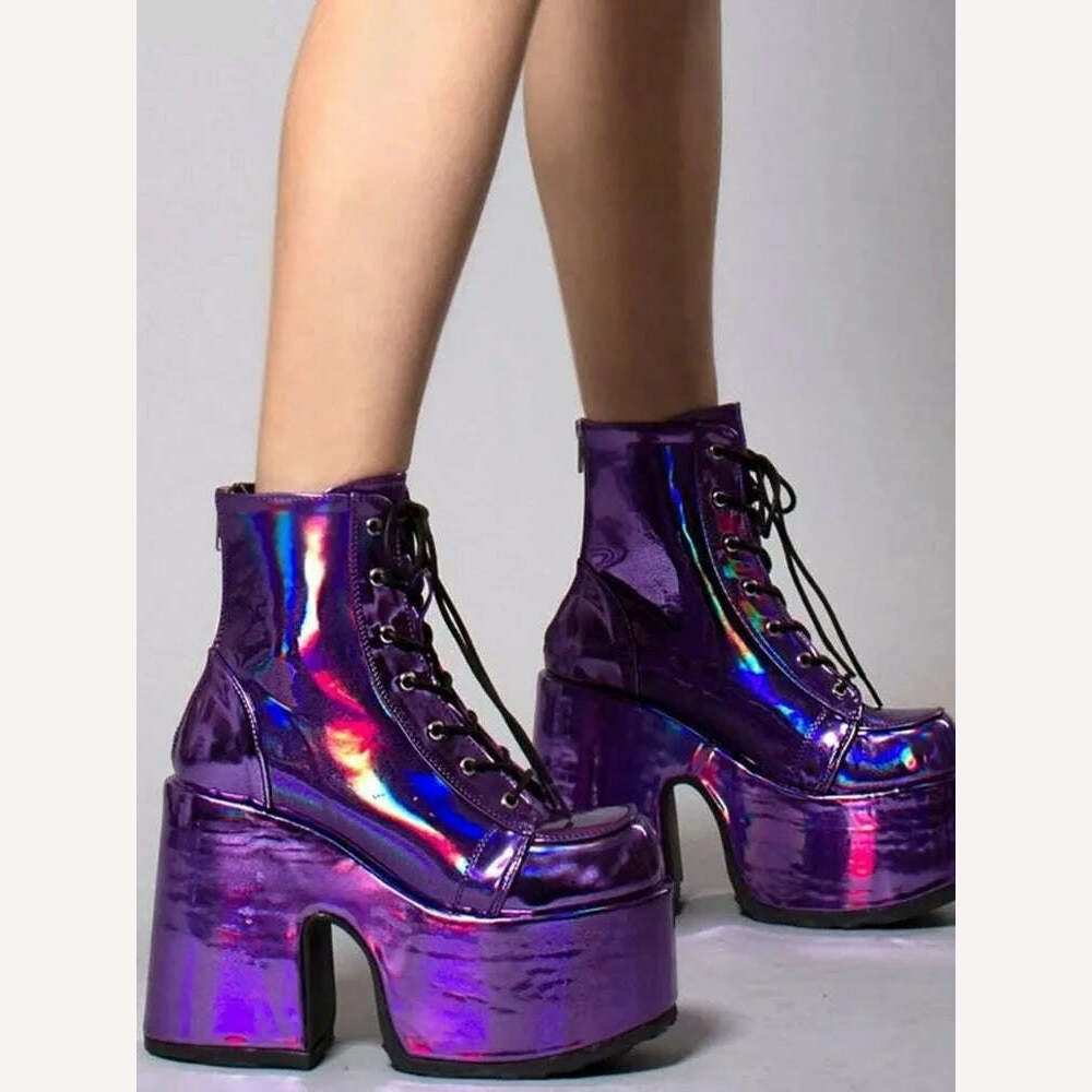 KIMLUD, Shiny Purple Ankle Boots Women's 2022 New Arrival Platform Round Toe Chunky Heel Cross Straps Sexy Fashion Show Party Shoes, KIMLUD Womens Clothes