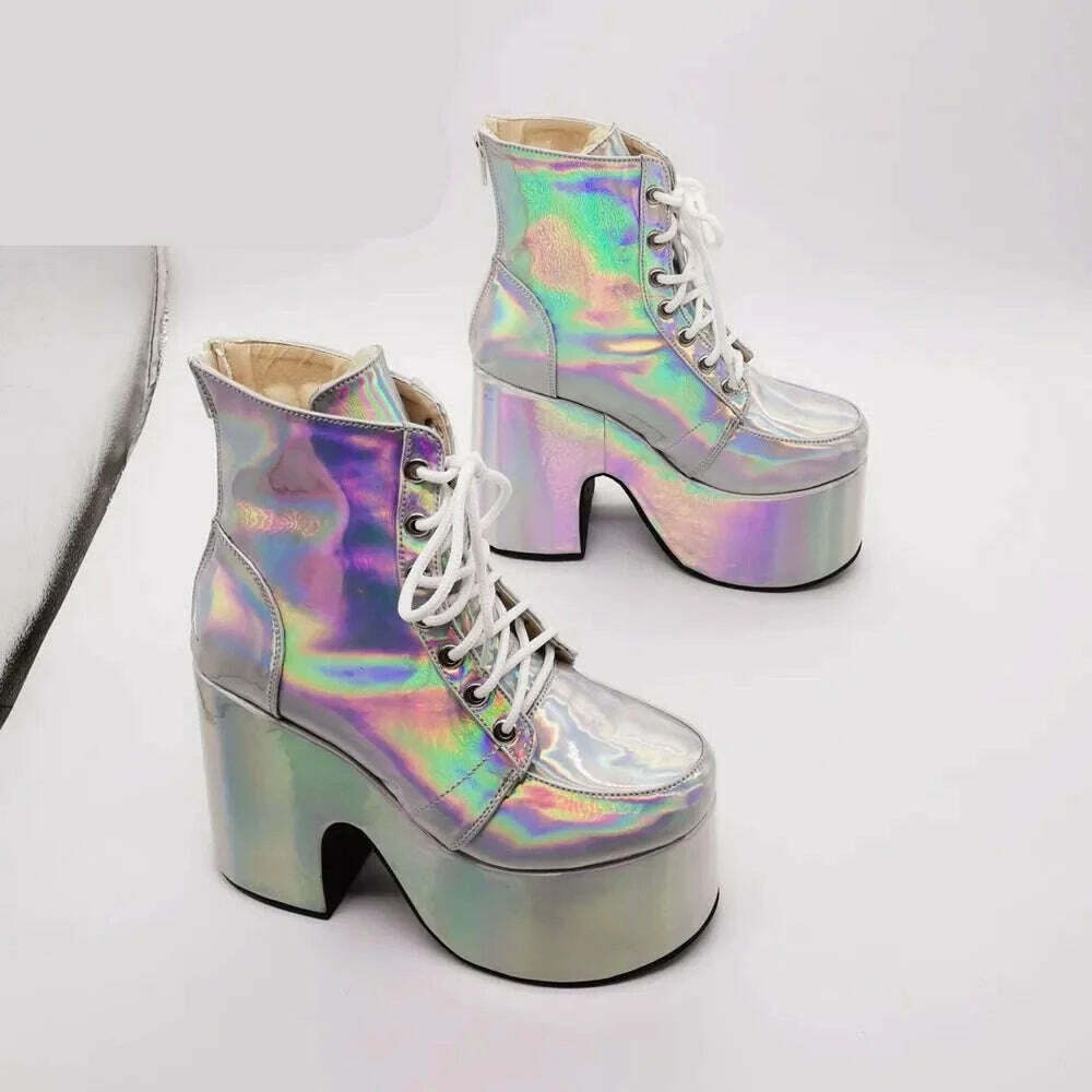 KIMLUD, Shiny Purple Ankle Boots Women's 2022 New Arrival Platform Round Toe Chunky Heel Cross Straps Sexy Fashion Show Party Shoes, as picture 4 / 33, KIMLUD APPAREL - Womens Clothes