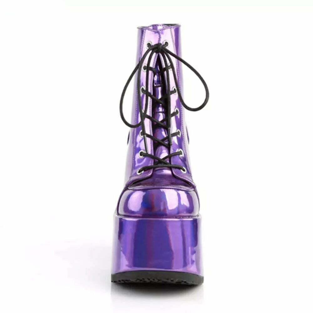 KIMLUD, Shiny Purple Ankle Boots Women's 2022 New Arrival Platform Round Toe Chunky Heel Cross Straps Sexy Fashion Show Party Shoes, KIMLUD Womens Clothes