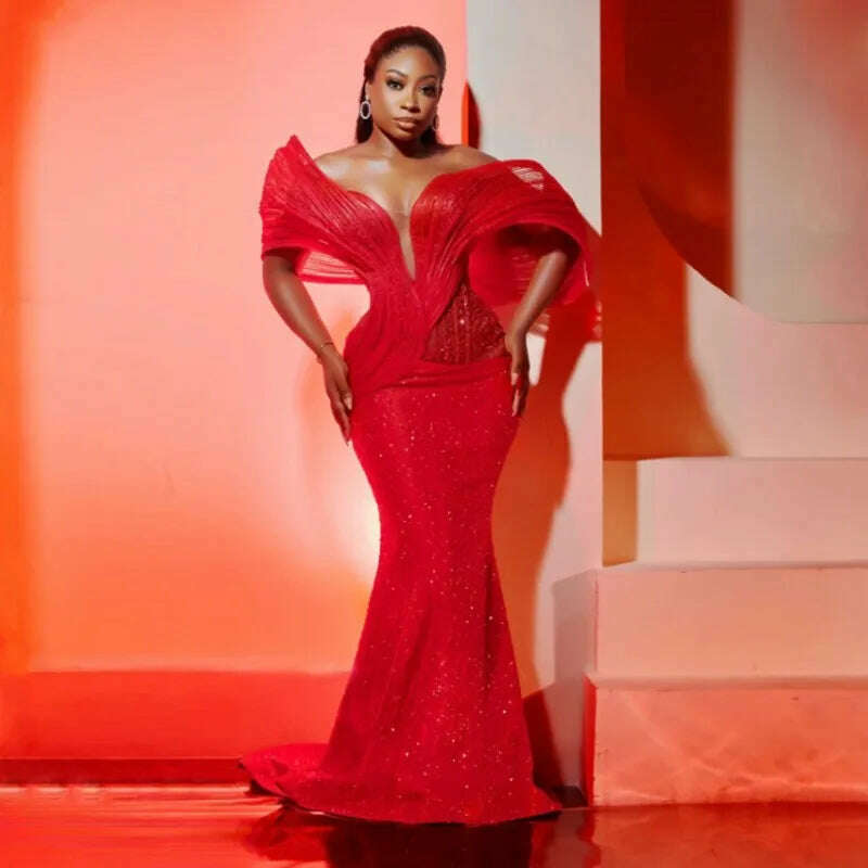 Shiny Sequined Red Evening Dresses Off Shoulder Puffy Sleeves Plus Siz Shiny Sequined Red Evening Dresses Off Shoulder Puffy Sleeves Plus Siz
