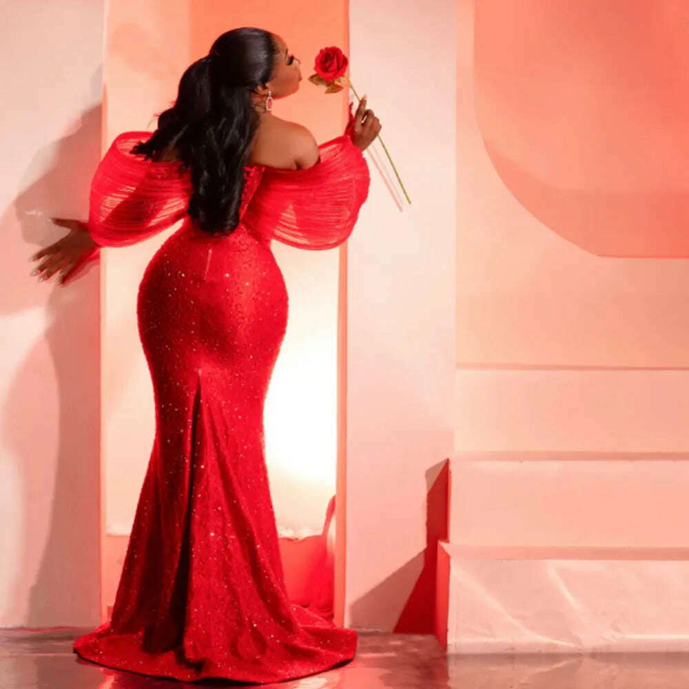 KIMLUD, Shiny Sequined Red Evening Dresses Off Shoulder Puffy Sleeves Plus Size Prom Dress For African Women Aso Ebi Wedding Party Gowns, KIMLUD Womens Clothes
