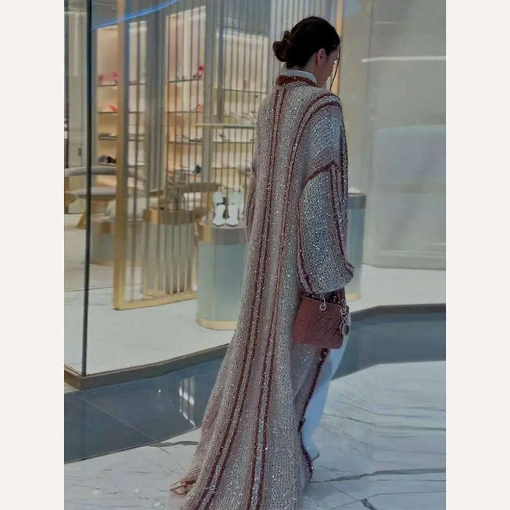 KIMLUD, Shiny Sequins Knitting Maxi Cardigans For Women Fashion Loose Long Sleeve Knitted Casual Coats Chic Glitter Baggy Streetwear, KIMLUD Womens Clothes