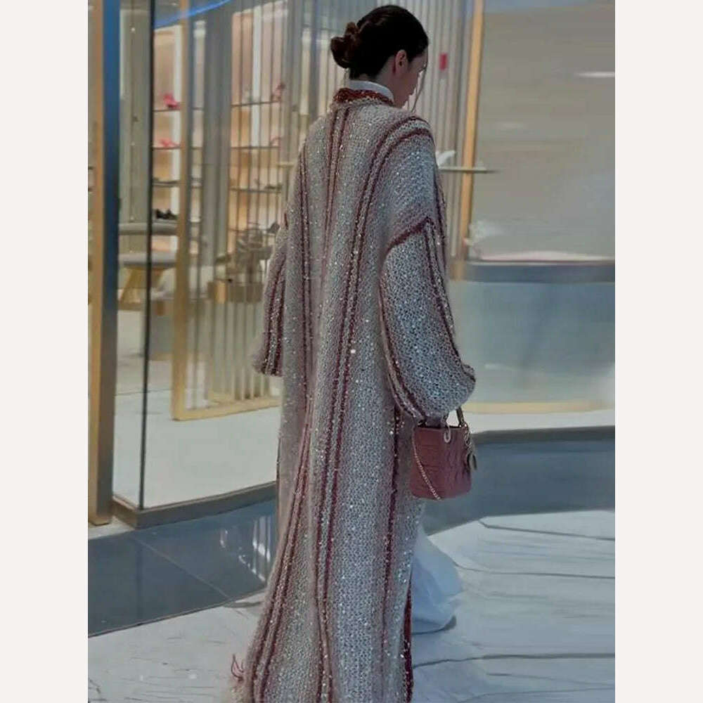 KIMLUD, Shiny Sequins Knitting Maxi Cardigans For Women Fashion Loose Long Sleeve Knitted Casual Coats Chic Glitter Baggy Streetwear, KIMLUD Womens Clothes