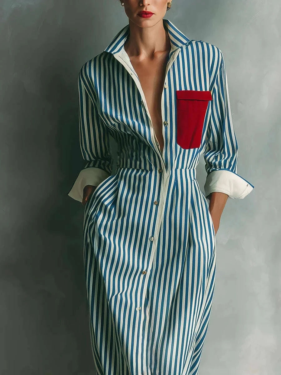Shirt Dress - Striped Print Color Blocking - Polyester | KIMLUD