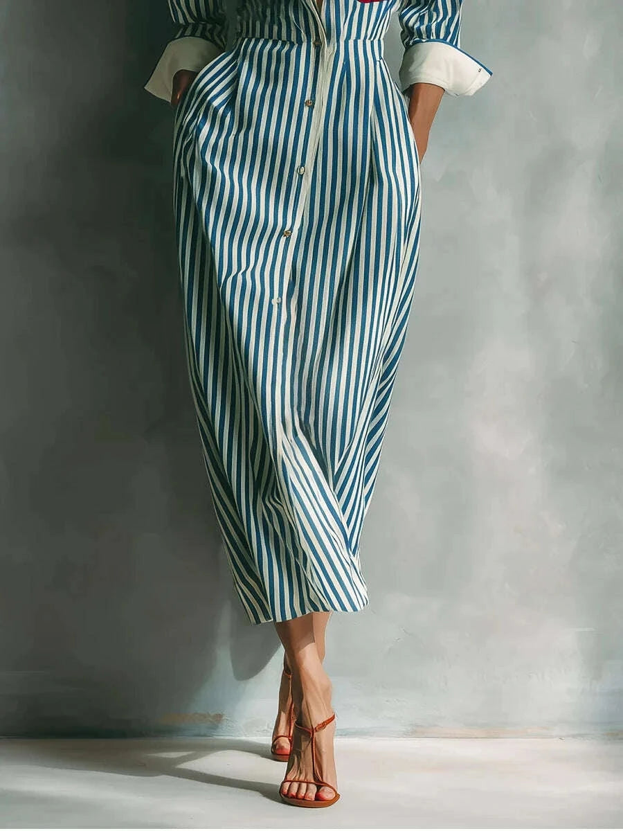 Shirt Dress - Striped Print Color Blocking - Polyester | KIMLUD