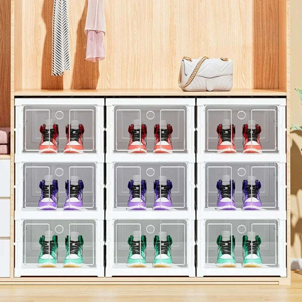 KIMLUD, Shoe Organizer Foldable Plastic Shoe Storage Boxes for Sneakers Stackable Dustproof Transparent Cabinet Multi Layer Shoes Rack, KIMLUD Womens Clothes