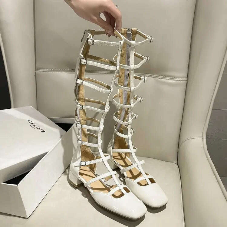 KIMLUD, Shoes for Women 2023 Fashion Sexy Hollow-out Women's Boots New Quality Women Shoes Square Toe Solid Color High-top Sandals, off white / 35, KIMLUD APPAREL - Womens Clothes