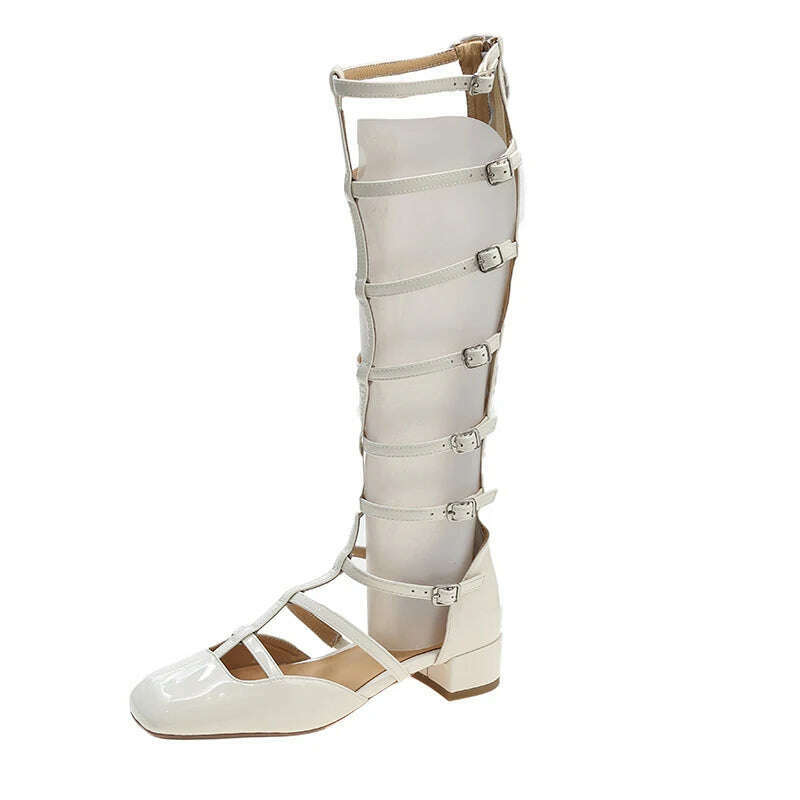 KIMLUD, Shoes for Women 2023 Fashion Sexy Hollow-out Women's Boots New Quality Women Shoes Square Toe Solid Color High-top Sandals, KIMLUD Womens Clothes