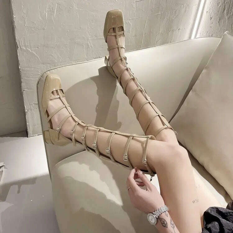 KIMLUD, Shoes for Women 2023 Fashion Sexy Hollow-out Women's Boots New Quality Women Shoes Square Toe Solid Color High-top Sandals, KIMLUD Womens Clothes