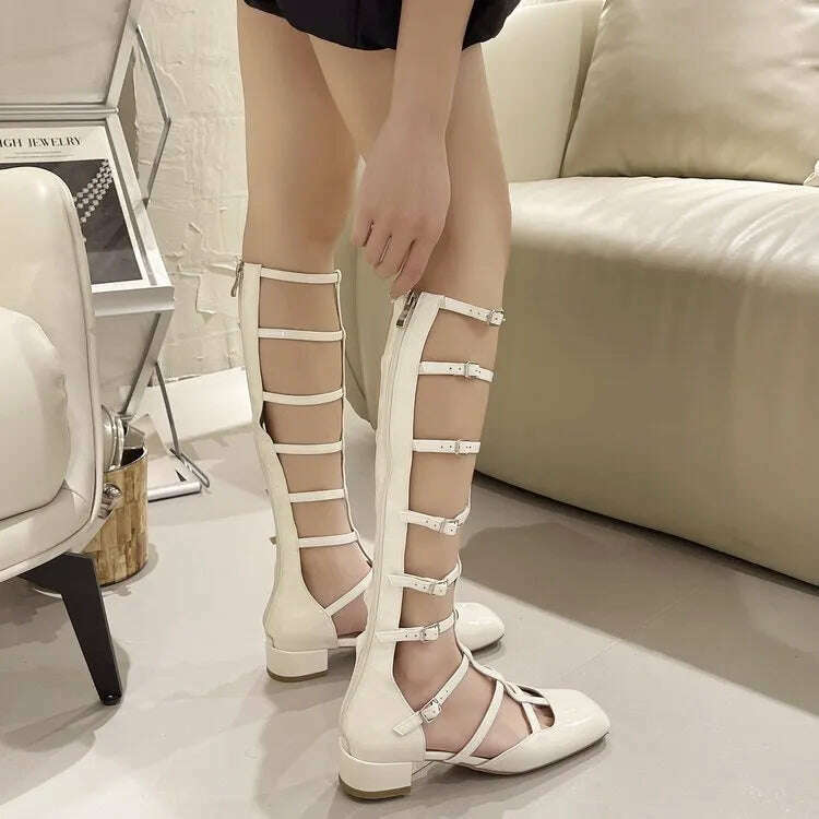 KIMLUD, Shoes for Women 2023 Fashion Sexy Hollow-out Women's Boots New Quality Women Shoes Square Toe Solid Color High-top Sandals, KIMLUD Womens Clothes