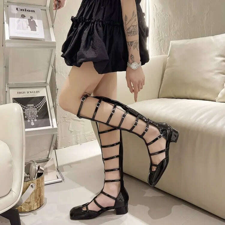 KIMLUD, Shoes for Women 2023 Fashion Sexy Hollow-out Women's Boots New Quality Women Shoes Square Toe Solid Color High-top Sandals, KIMLUD Womens Clothes