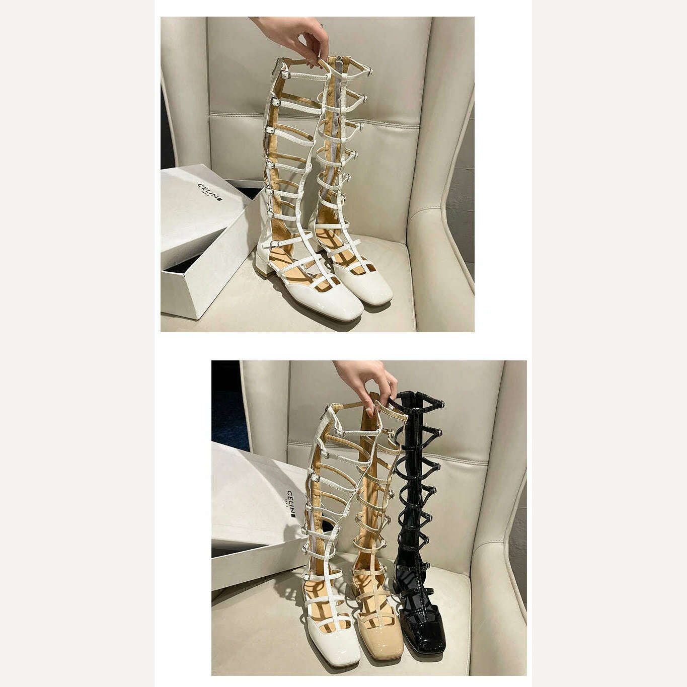 KIMLUD, Shoes for Women 2023 Fashion Sexy Hollow-out Women's Boots New Quality Women Shoes Square Toe Solid Color High-top Sandals, KIMLUD Womens Clothes
