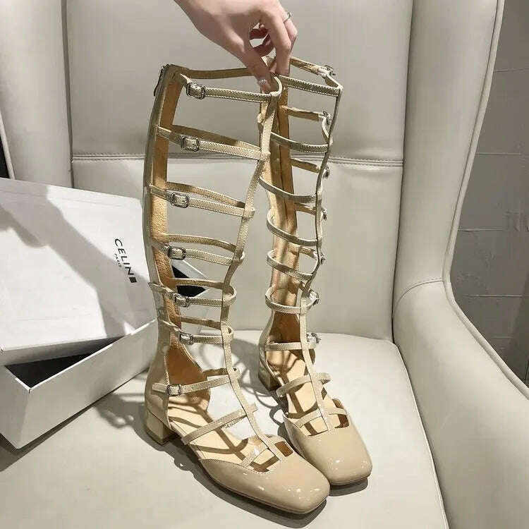 KIMLUD, Shoes for Women 2023 Fashion Sexy Hollow-out Women's Boots New Quality Women Shoes Square Toe Solid Color High-top Sandals, KIMLUD Womens Clothes