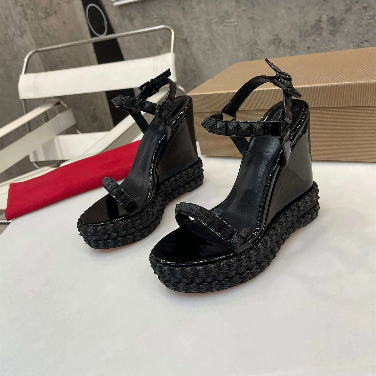 KIMLUD, Shoes For Women Size35-41 Genuine Leather Sandals Wedges Super High Heels Rivets Leopard Pumps Flat Platform Zapatillas Mujer, KIMLUD Womens Clothes