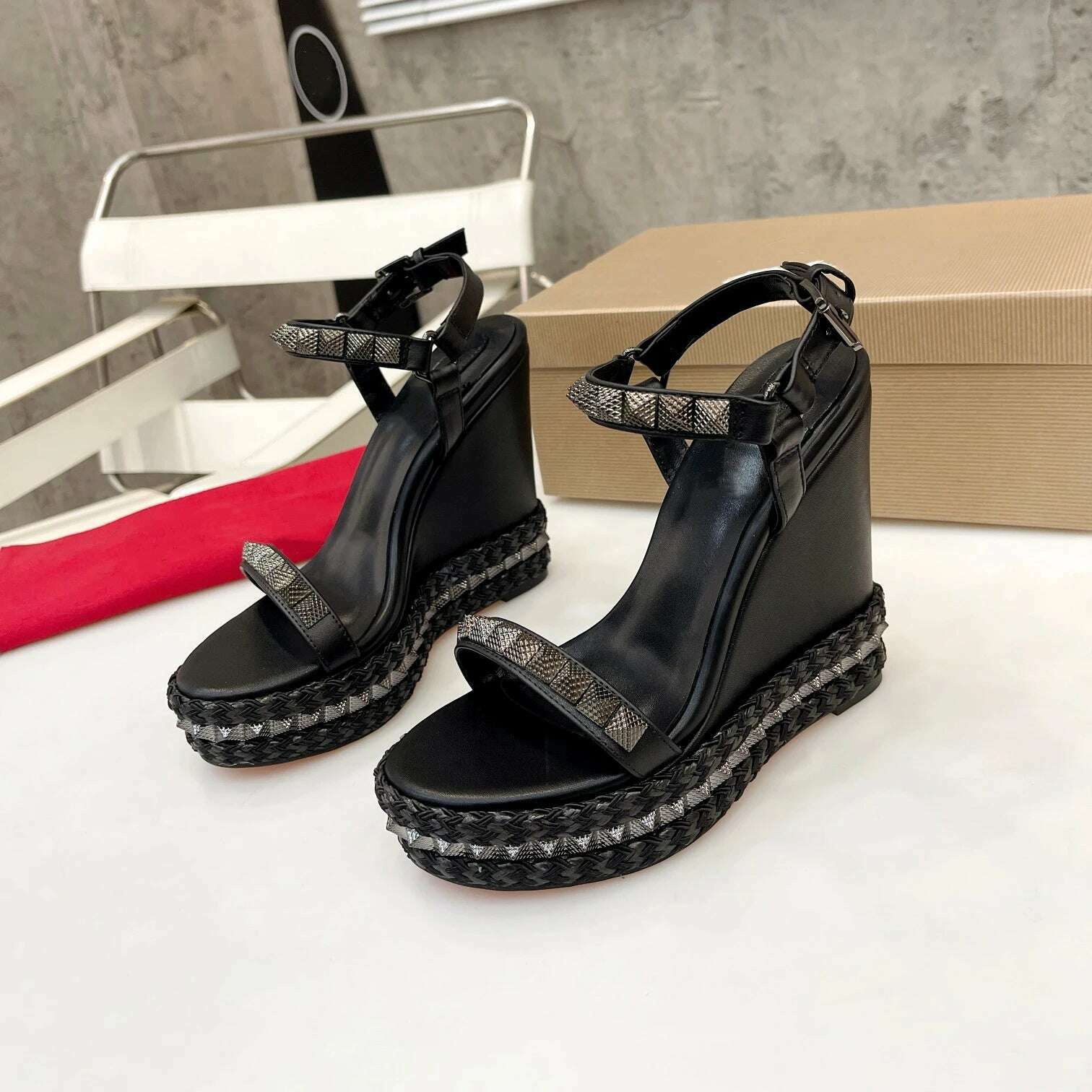 KIMLUD, Shoes For Women Size35-41 Genuine Leather Sandals Wedges Super High Heels Rivets Leopard Pumps Flat Platform Zapatillas Mujer, KIMLUD Womens Clothes