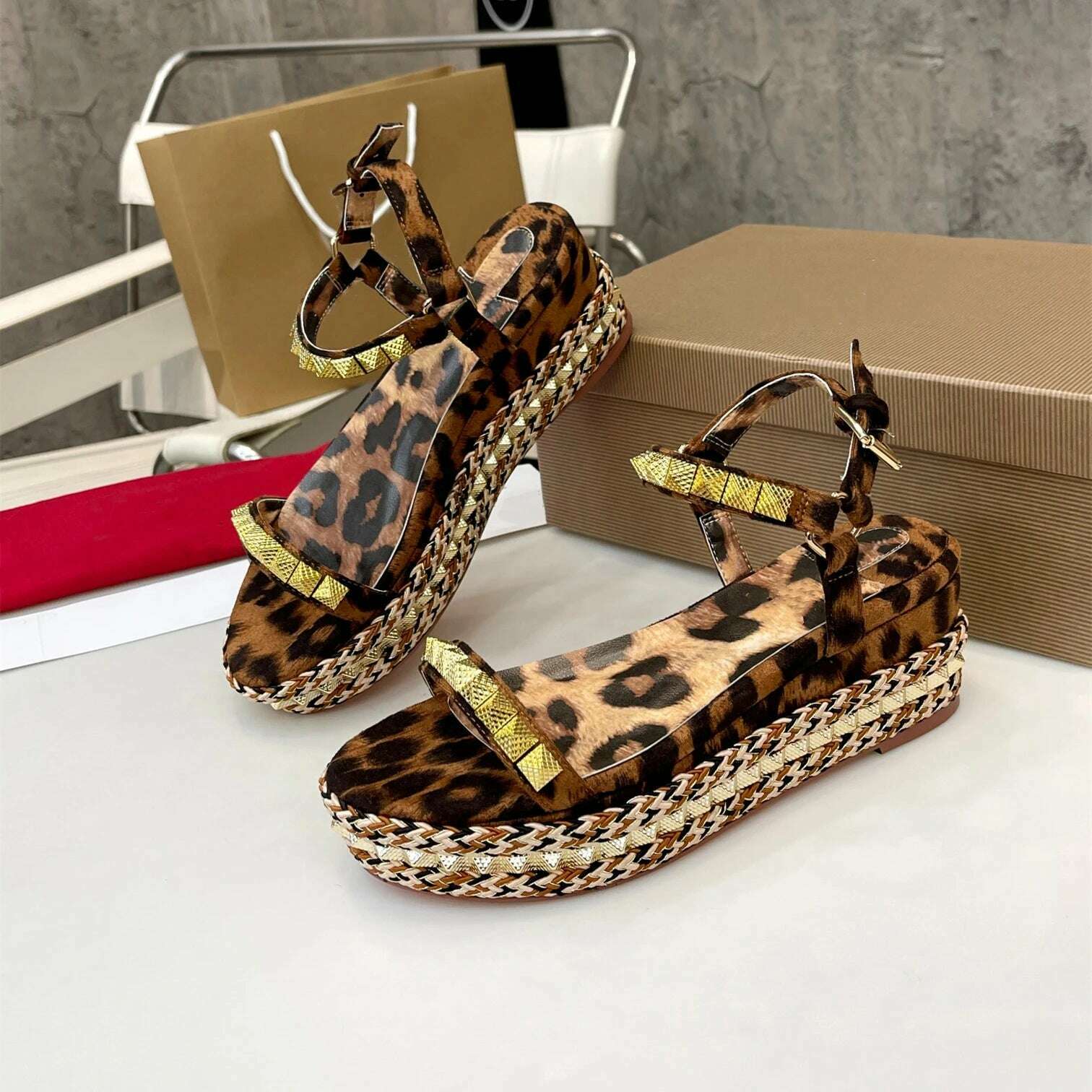 KIMLUD, Shoes For Women Size35-41 Genuine Leather Sandals Wedges Super High Heels Rivets Leopard Pumps Flat Platform Zapatillas Mujer, KIMLUD Womens Clothes
