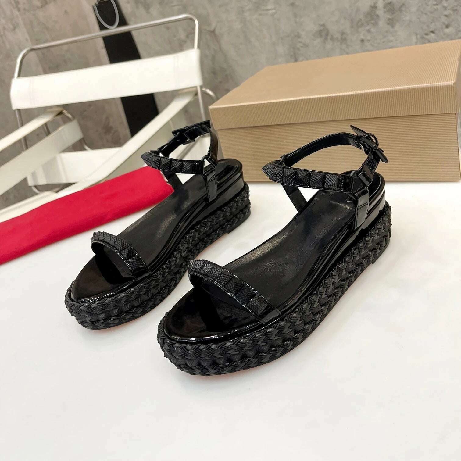 KIMLUD, Shoes For Women Size35-41 Genuine Leather Sandals Wedges Super High Heels Rivets Leopard Pumps Flat Platform Zapatillas Mujer, KIMLUD Womens Clothes