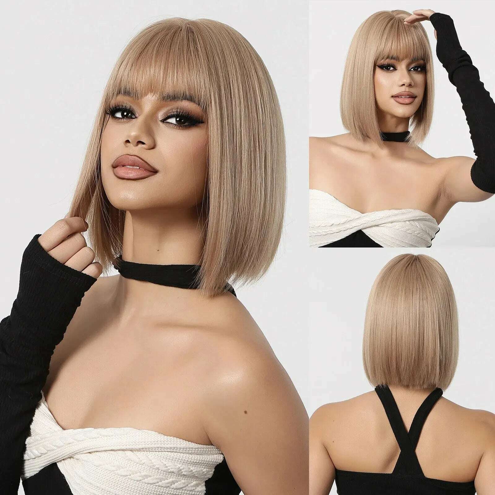 KIMLUD, Short Blonde Bob Wig with Bangs Synthetic Straight Rice White Cosplay Wigs for Black Women Party Daily Use Hair Heat Resistant, KIMLUD Womens Clothes