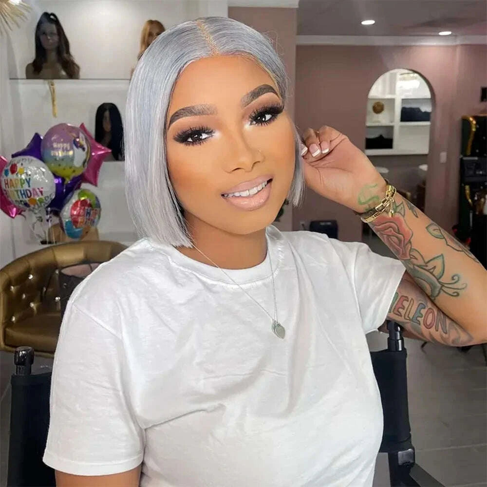 Short Bob Human Hair HD Lace Front Wig - Grey | KIMLUD