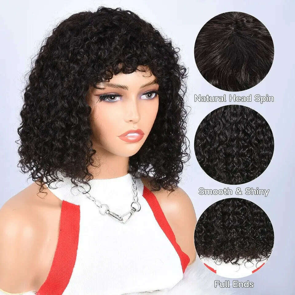 KIMLUD, Short Curly Wave 100% Human Hair Wig With Bangs For Women Full Machine Made Kinky Curly Hair Wig With Bangs Wear Go Glueless Wig, KIMLUD Womens Clothes