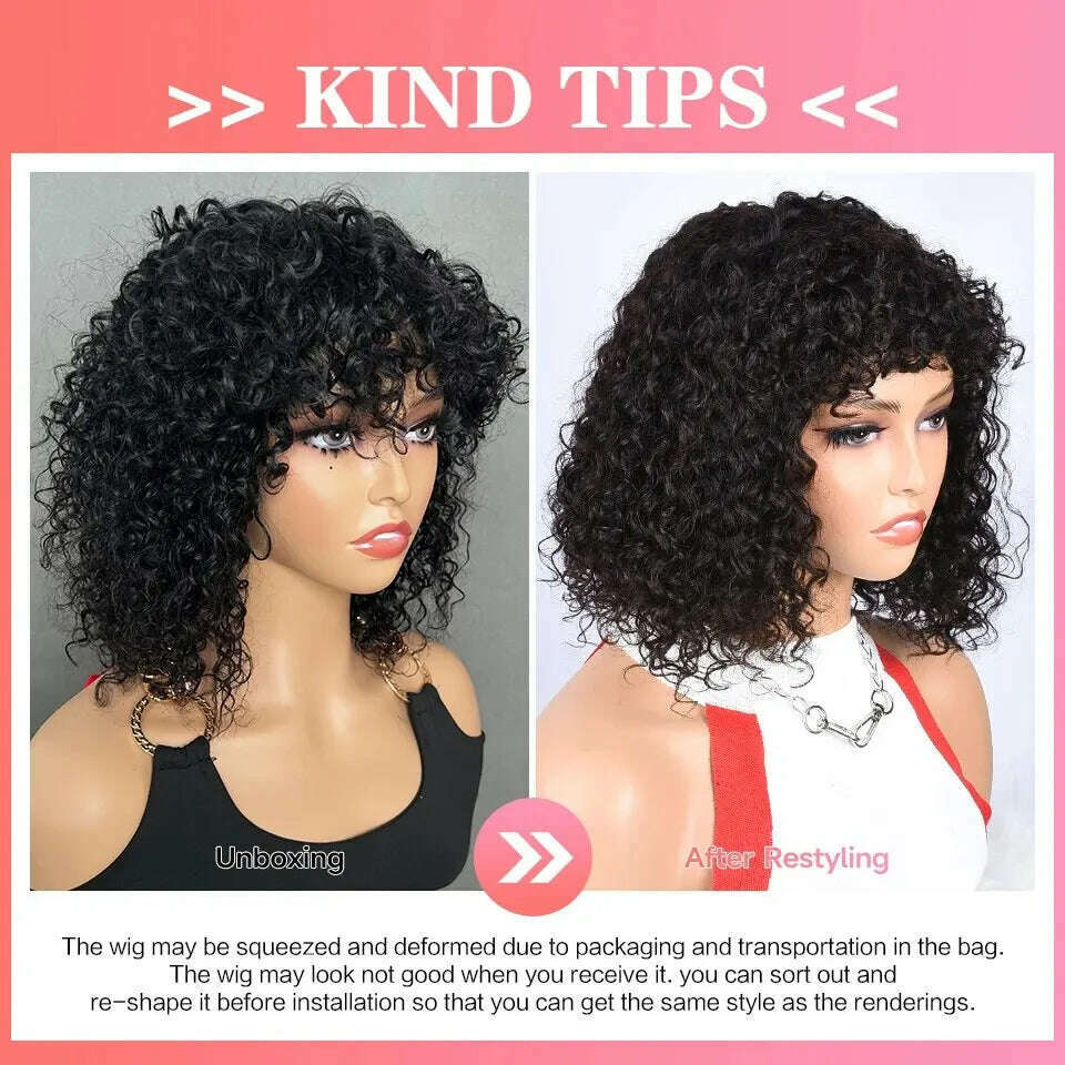 KIMLUD, Short Curly Wave 100% Human Hair Wig With Bangs For Women Full Machine Made Kinky Curly Hair Wig With Bangs Wear Go Glueless Wig, KIMLUD Womens Clothes